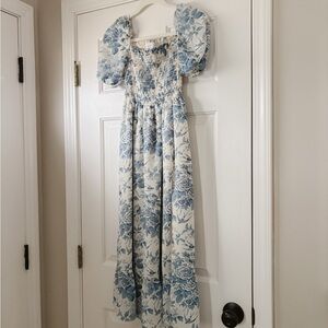 Morning Lavender Zoey Blue and White Smocked Midi Dress